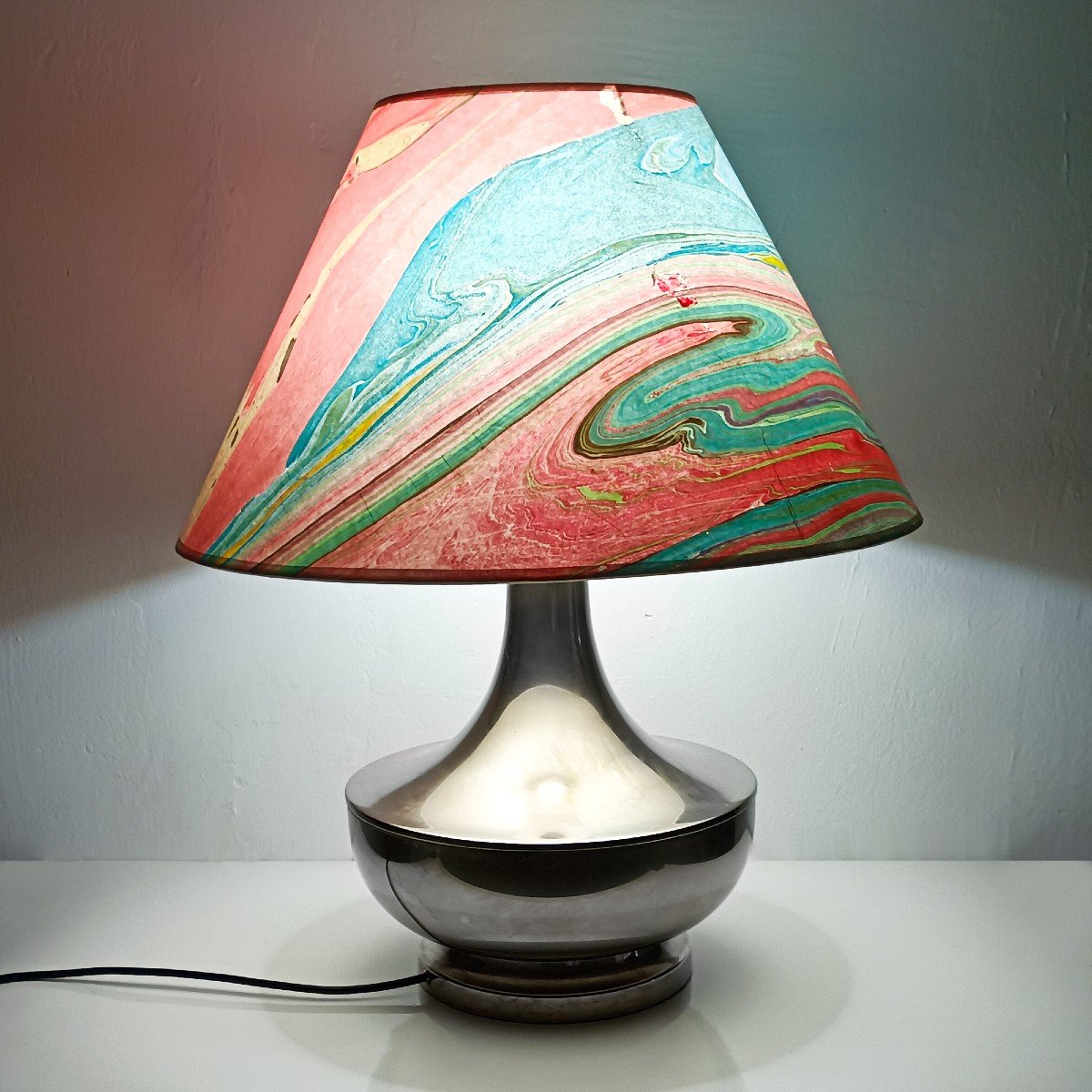 Lampe De Table En Métal Argenté – Italie 1970-photo-3
