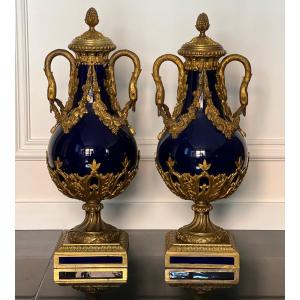 Sevres France Cobalt Blue Porcelain Bronze Swan Handle Urn Mounted Vases