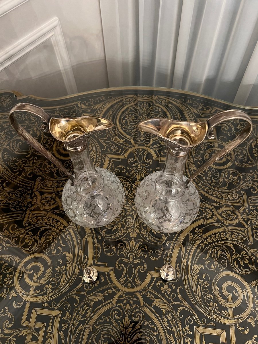 Gustave Odiot Grande Pair Of Ewers In Sterling Silver Vermeil And Crystal 19 Century Weight Of The Pair: 1580.2 Grams-photo-1