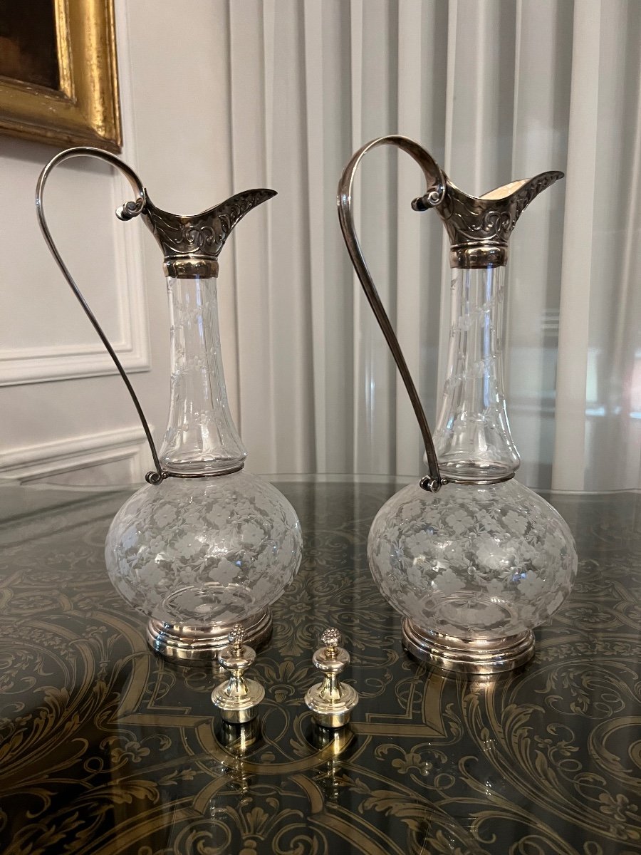 Gustave Odiot Grande Pair Of Ewers In Sterling Silver Vermeil And Crystal 19 Century Weight Of The Pair: 1580.2 Grams-photo-2