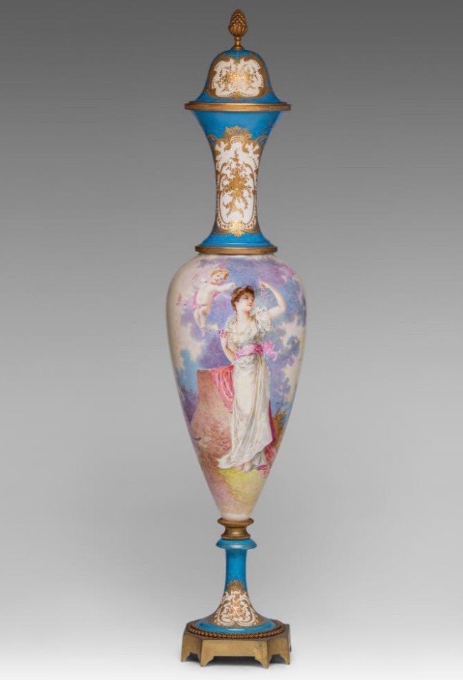 Sèvres Vase Celestial Blue Background Oblong Shape, With Hand Painted Decor 19th Century Signed Er