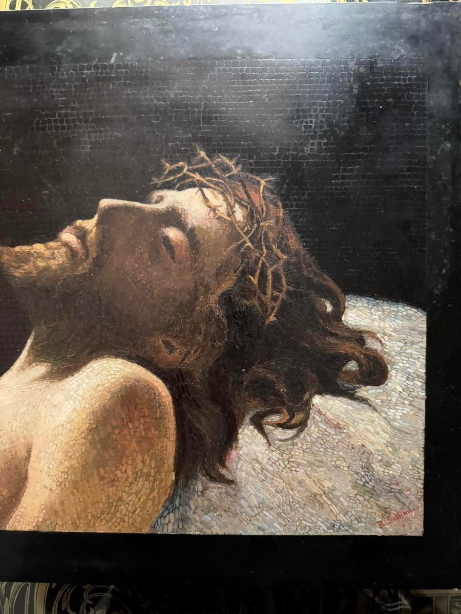 Romolo Sellini Italie 1914-1998 Ans Peinture Micro mosaïque Religieuse Jésus Sur Le Marbre-photo-2