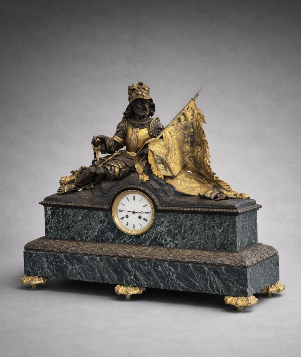 Large French Mantel Clock With Bronze Knight Sculpture.-photo-2