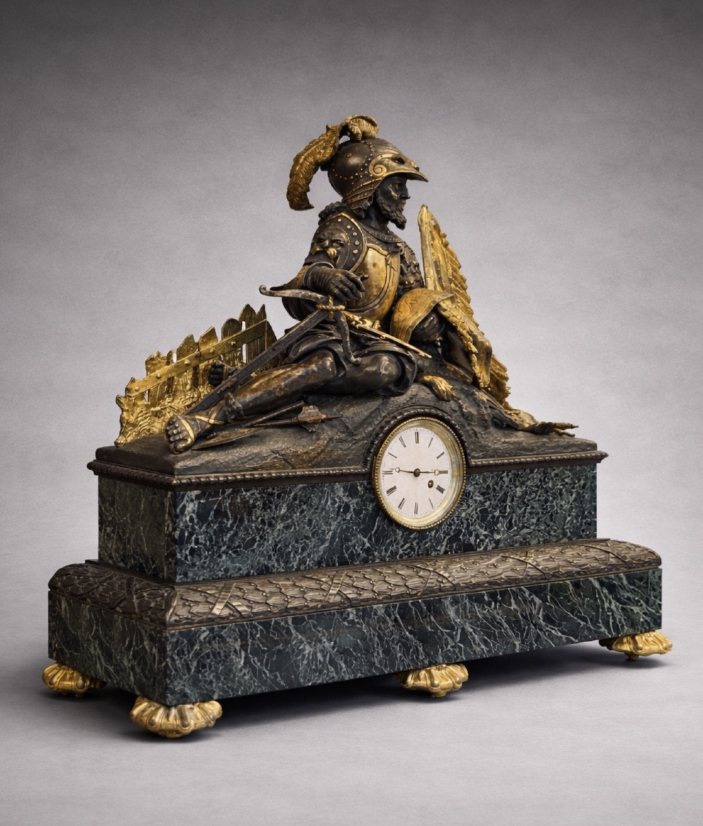 Large French Mantel Clock With Bronze Knight Sculpture.-photo-3