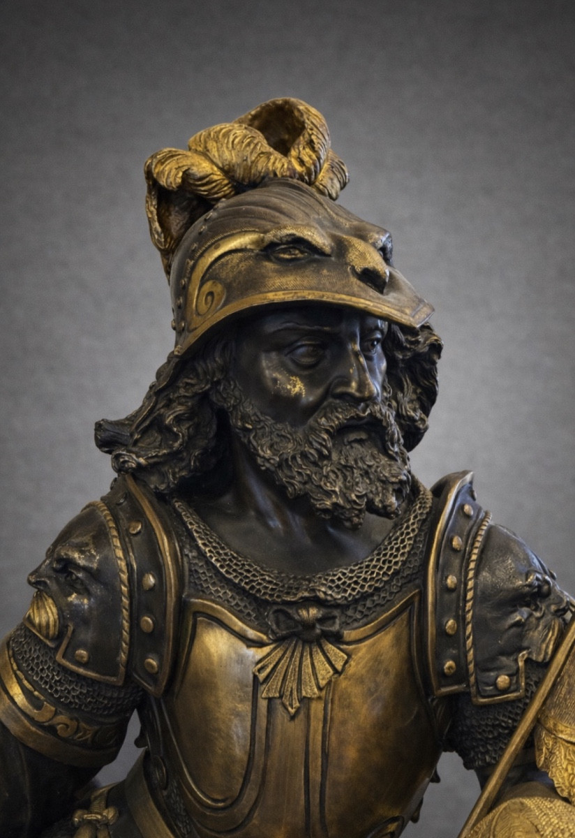 Large French Mantel Clock With Bronze Knight Sculpture.-photo-4