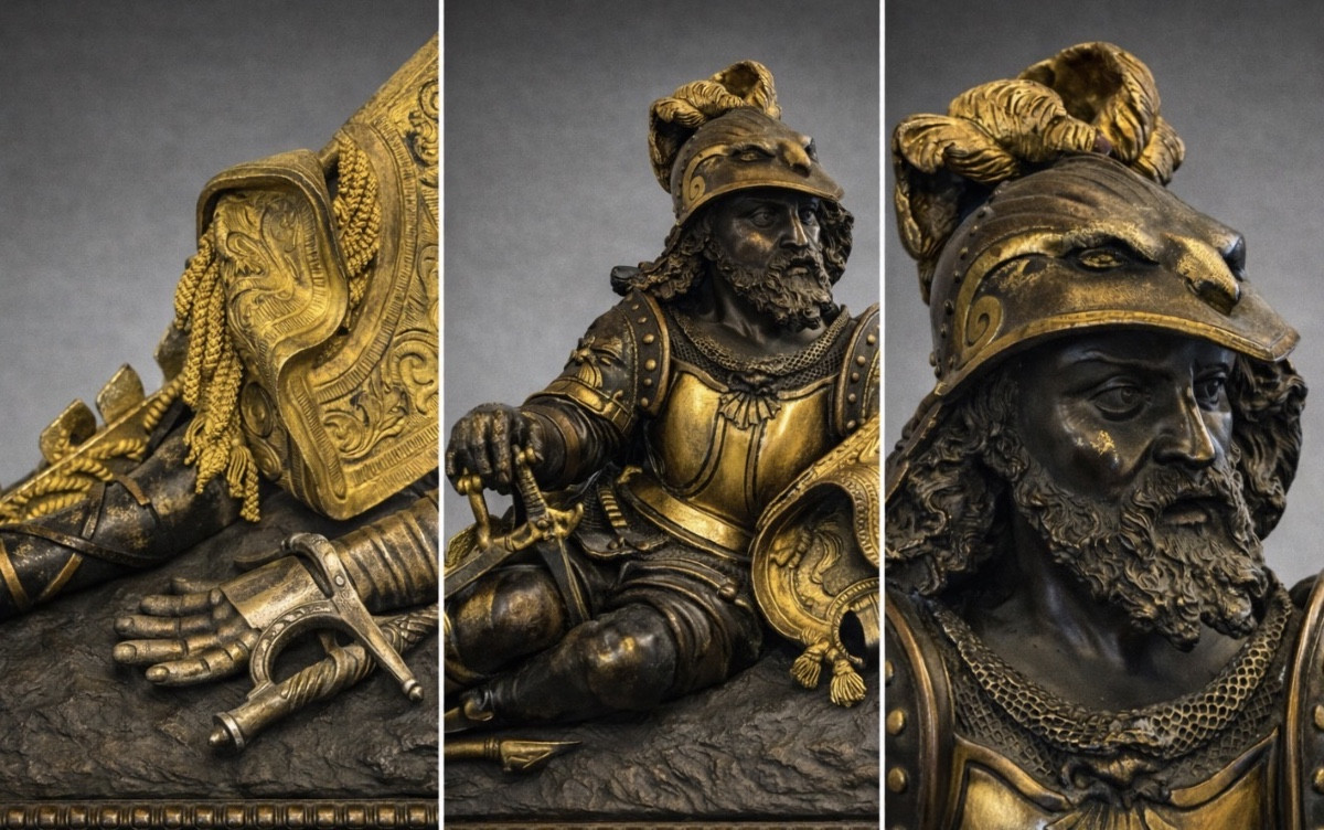 Large French Mantel Clock With Bronze Knight Sculpture.-photo-1