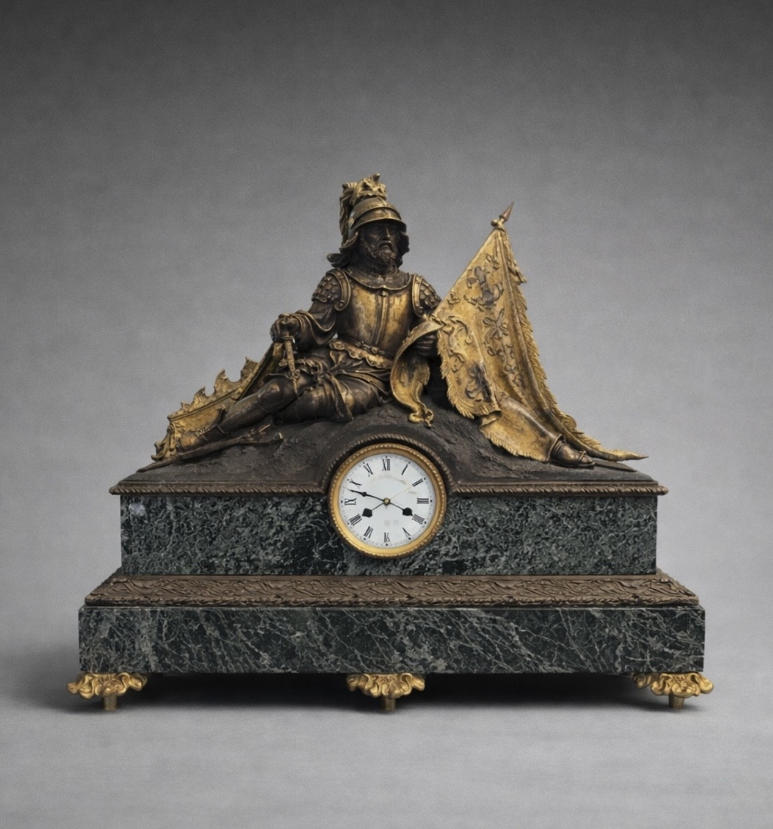 Large French Mantel Clock With Bronze Knight Sculpture.