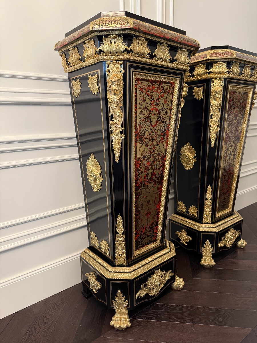 Paire de colonnes-piédestaux d’époque Napoléon III, en marqueterie Boulle – XIXe siècle.-photo-2