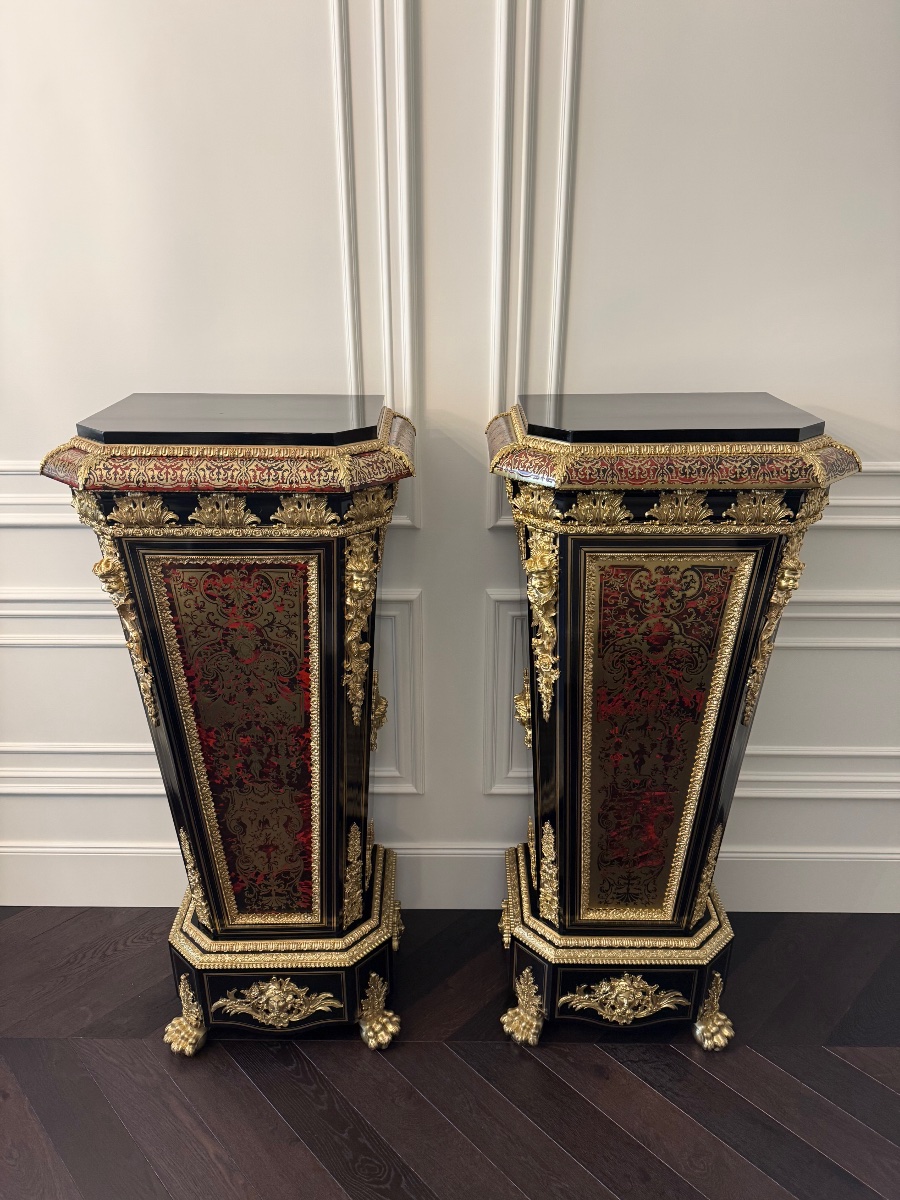 Paire de colonnes-piédestaux d’époque Napoléon III, en marqueterie Boulle – XIXe siècle.-photo-3