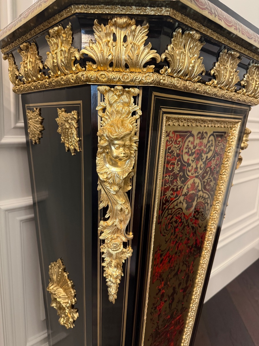 Paire de colonnes-piédestaux d’époque Napoléon III, en marqueterie Boulle – XIXe siècle.-photo-1