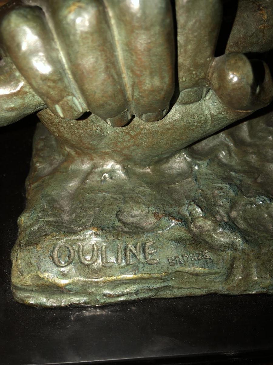 Bronze Art Deco Signé Alexander Ouline Sur Socle En Marbre-photo-3