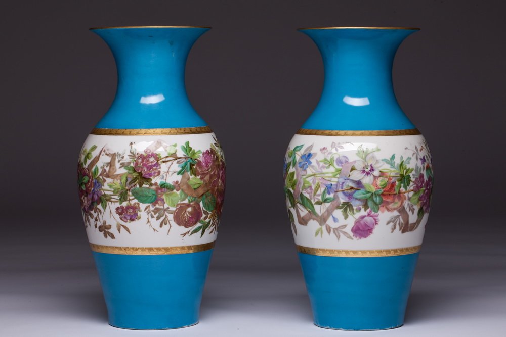 Pair Of Vases Old Paris Porcelain Blue Floral 19th Century-photo-2