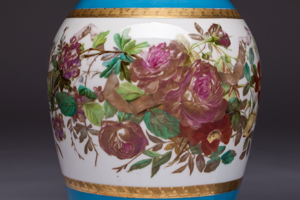 Pair Of Vases Old Paris Porcelain Blue Floral 19th Century-photo-5