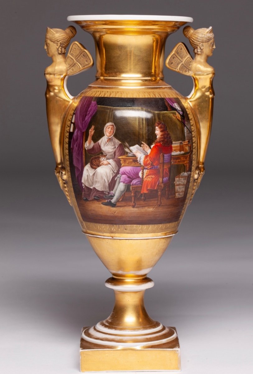 19th Century Empire Porcelain Vases With Scenery Painting-photo-2