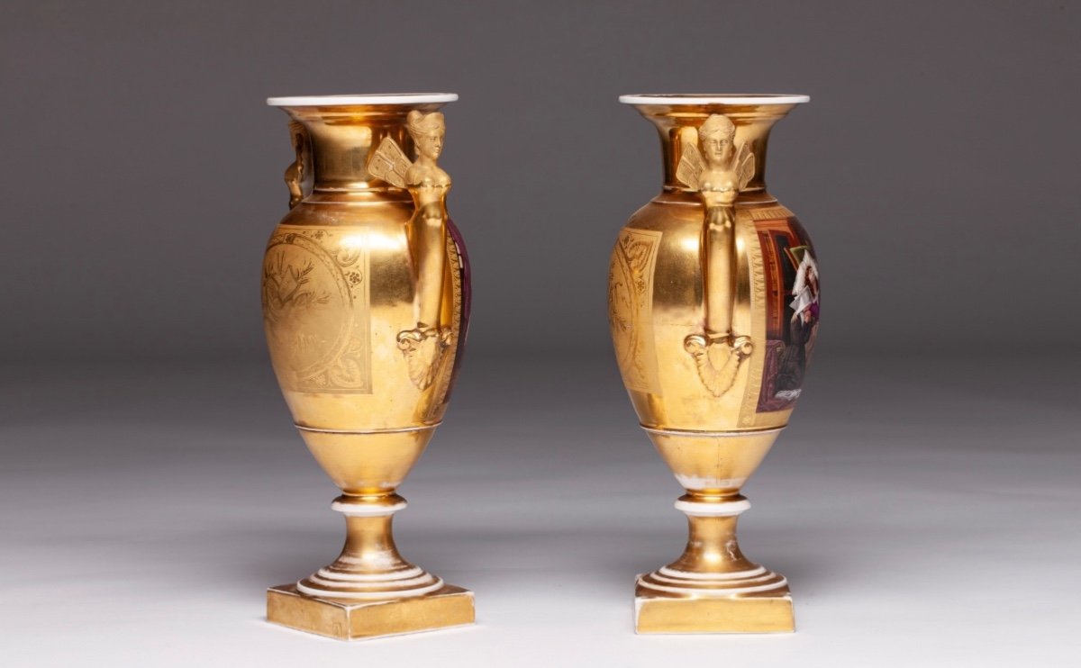 19th Century Empire Porcelain Vases With Scenery Painting-photo-4