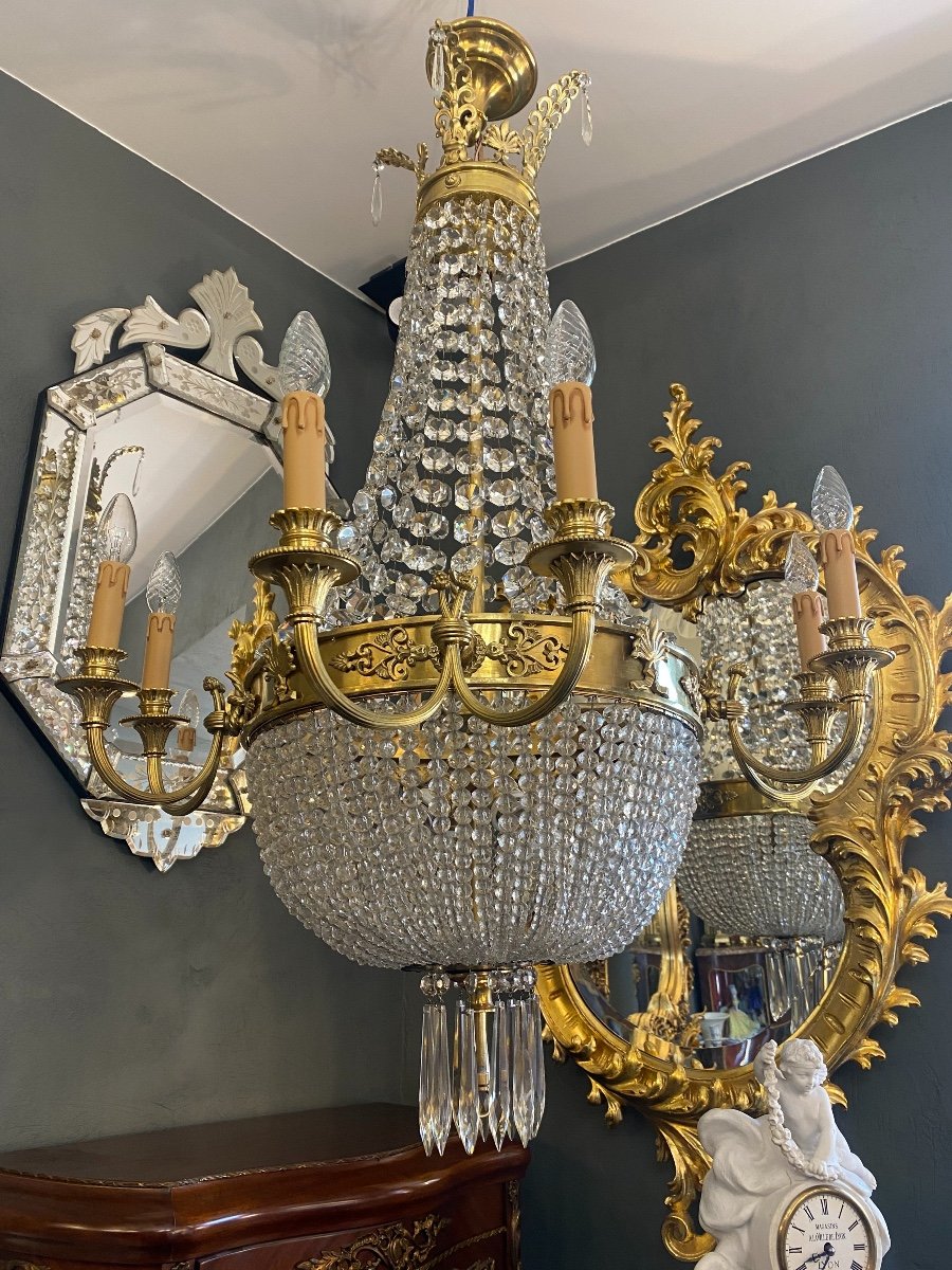 French Antique Louis XVI Style Bronze And Crystal Chandelier-photo-2