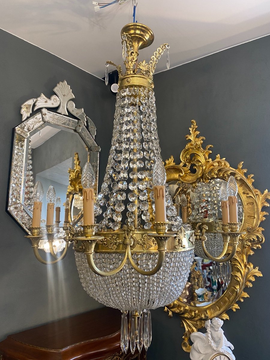 French Antique Louis XVI Style Bronze And Crystal Chandelier