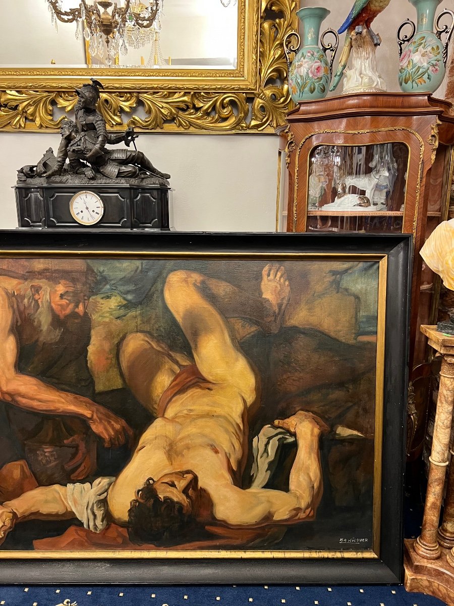 M.G. HOLSCHER Sacrifice d'Isaac Religieux Peinture Biblique 19ème Siècle-photo-2