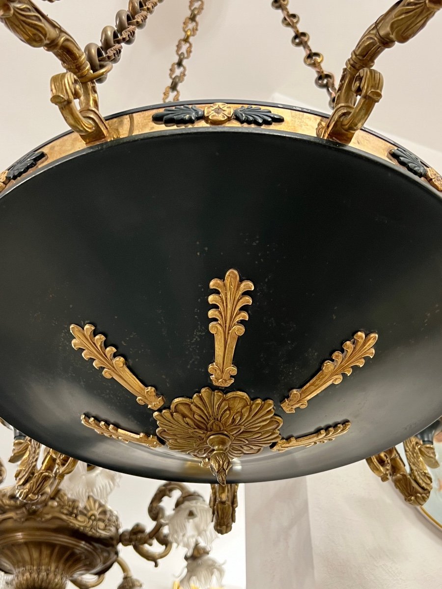 Lustre De Style Empire En Bronze Aux Cygnes 19ème Siècle 9 lumières-photo-3