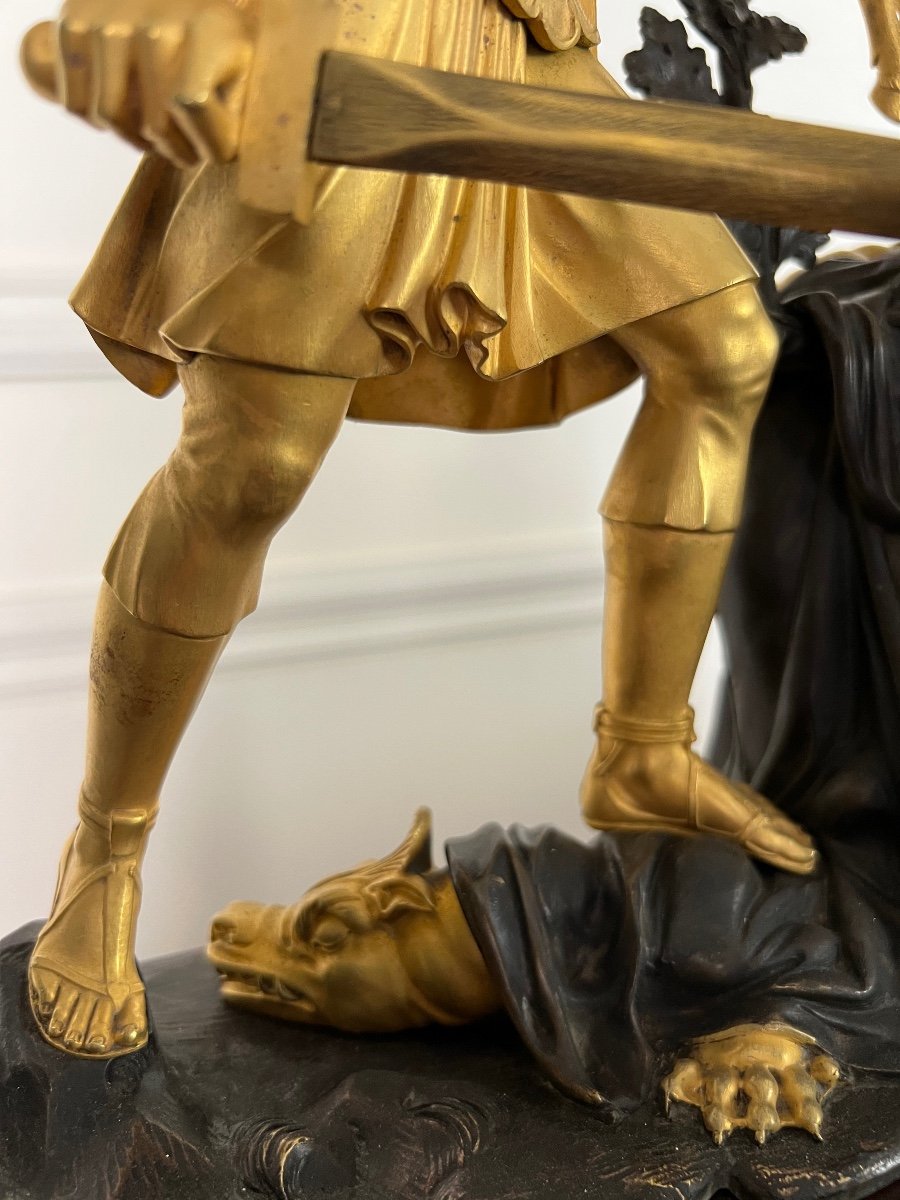 Pendule Représentant  JASON AYANT VAINCU LE DRAGON Bronze Dore Empire Mouvement Signé B 19ème Siècle France Paris-photo-3