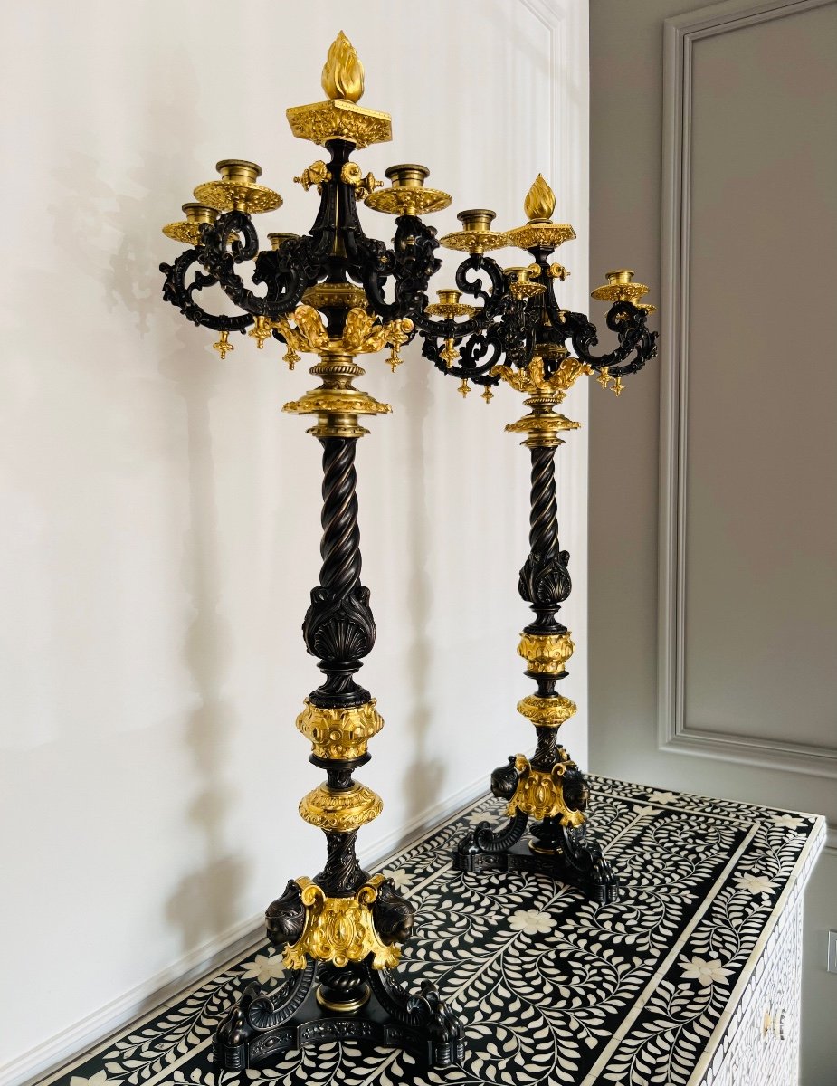 Paire Candélabres Style Louis XVI Bronze Doré Patiné XIXe Siècle-photo-2