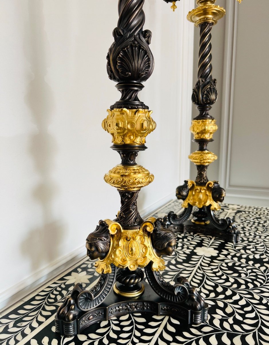 Paire Candélabres Style Louis XVI Bronze Doré Patiné XIXe Siècle-photo-3
