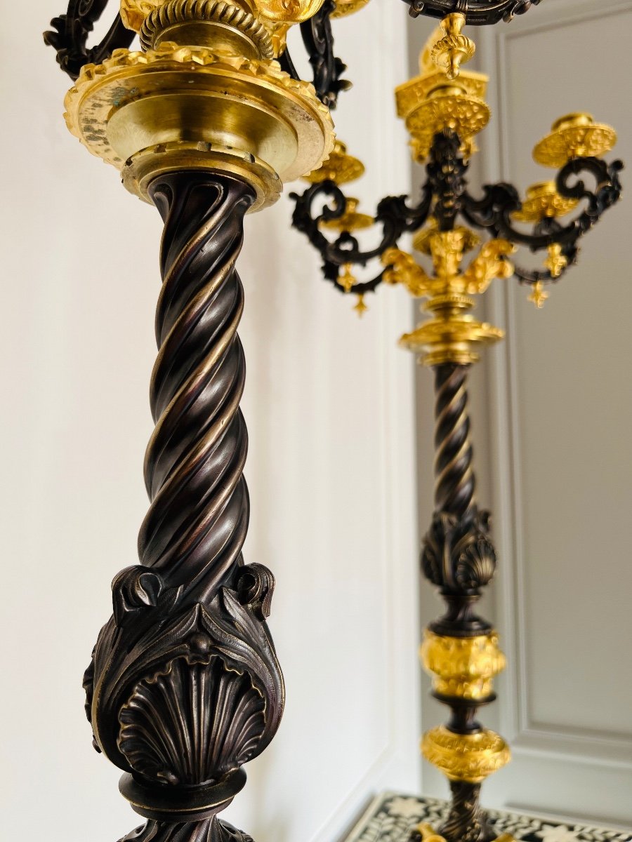 Paire Candélabres Style Louis XVI Bronze Doré Patiné XIXe Siècle-photo-4