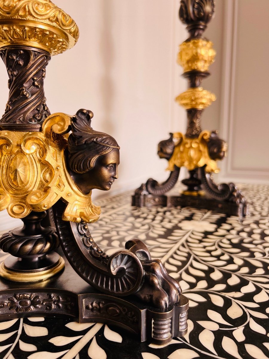Paire Candélabres Style Louis XVI Bronze Doré Patiné XIXe Siècle-photo-7