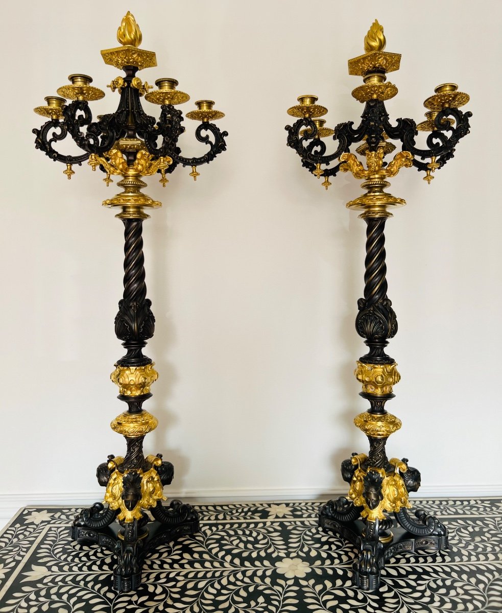 Paire Candélabres Style Louis XVI Bronze Doré Patiné XIXe Siècle