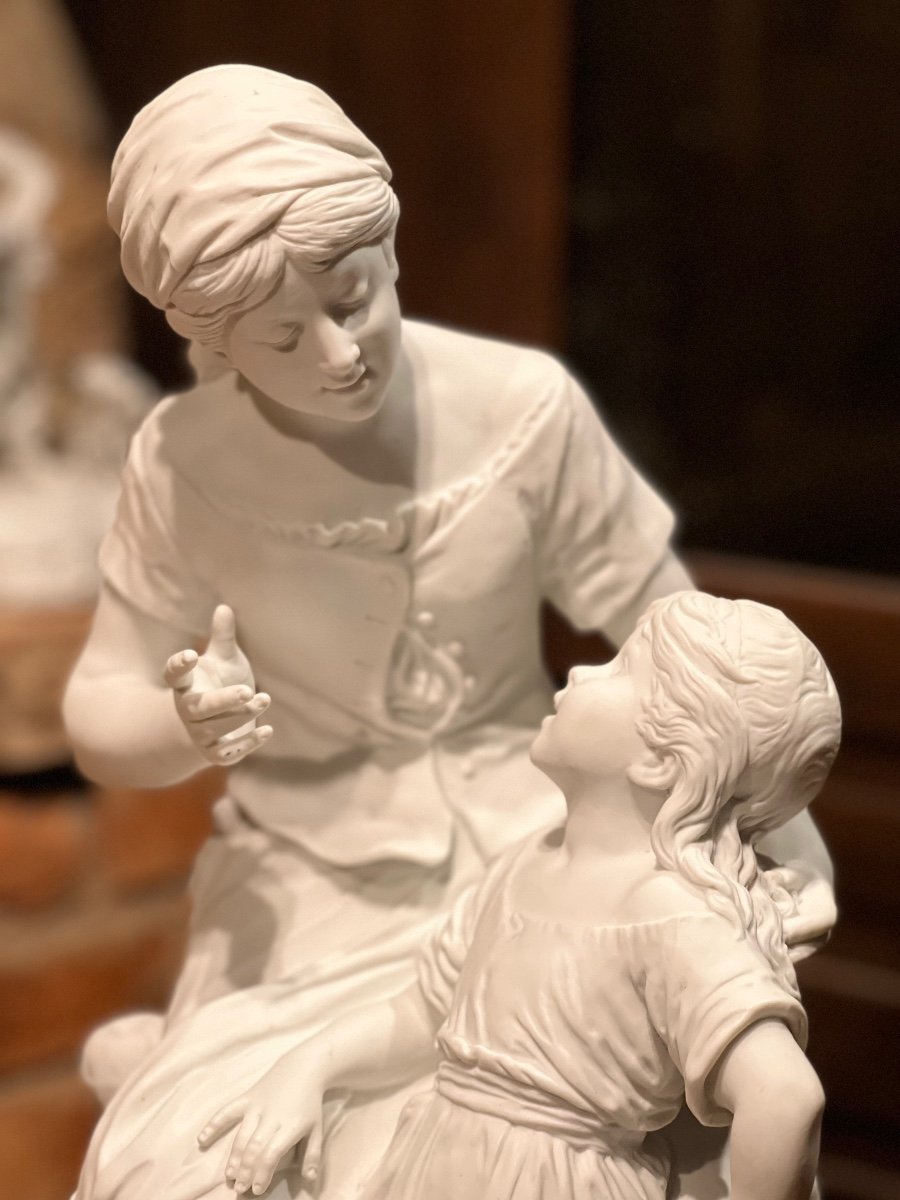Moreau Auguste (french, 1834-1917) Porcelain Biscuit Statue Figure Woman And Child Nineteenth Century-photo-2