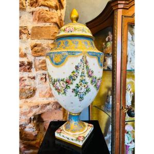 Vase Cassolette Pot Covered In Sèvres Porcelain 19th Century Flowers Hand Painted