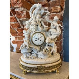 France Mantel Clock Sèvres Style Biscuit Gilt Bronze Marble Base 19th Century