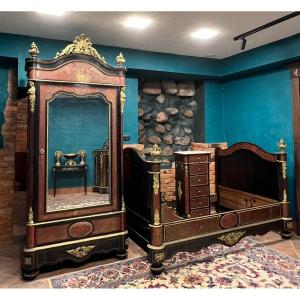19th Century French Napoleon III Boulle Black Bronze Marquetry Bedroom Grande Bed Dresser Wardrobe With Mirror