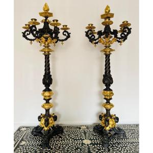 Pair Candelabras French Louis XVI Style Gilt Patinated Bronze 19th Century