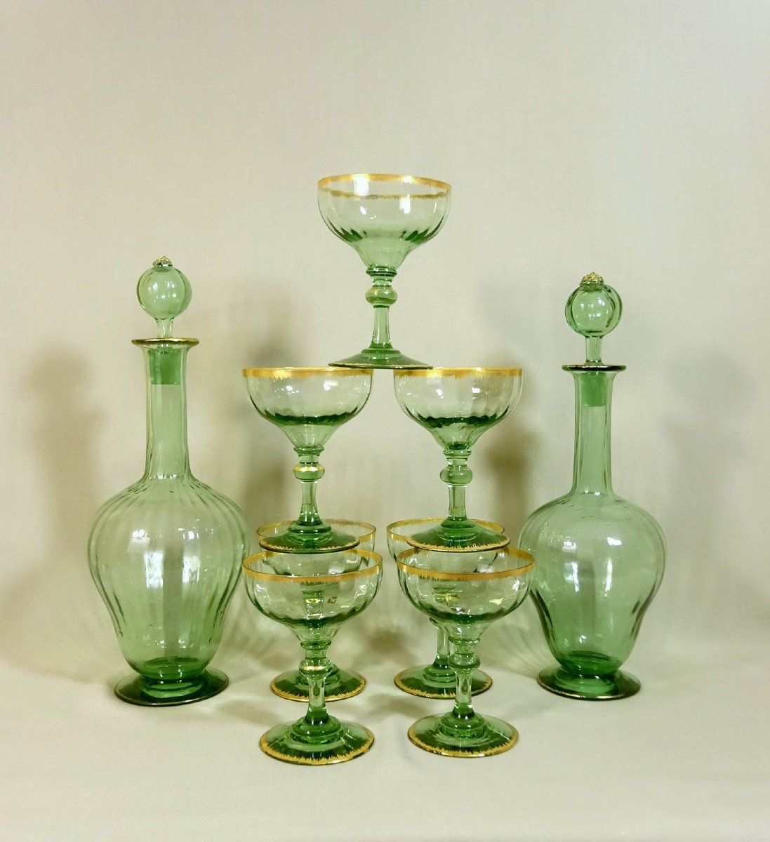 Daum  Art Nouveau Period, Carafes And Glasses Blown And Gilded, To Be Compared To The Au Gui Model By Lachenal & Daum