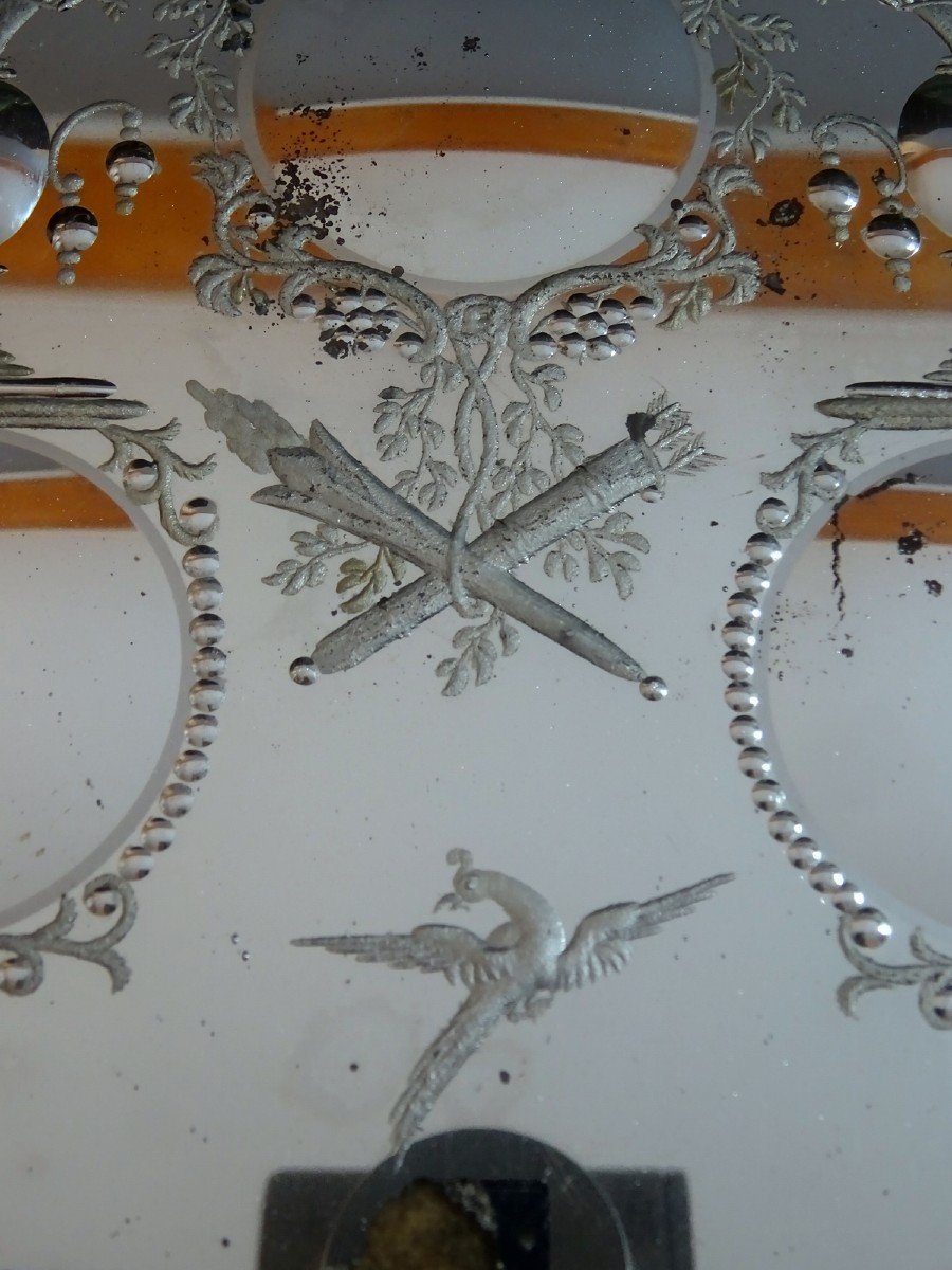 Miroir Sorcière deMariage à Pastilles du  Début du XIXème Siècle Gravé d'Oiseaux, Carquois, etc-photo-1