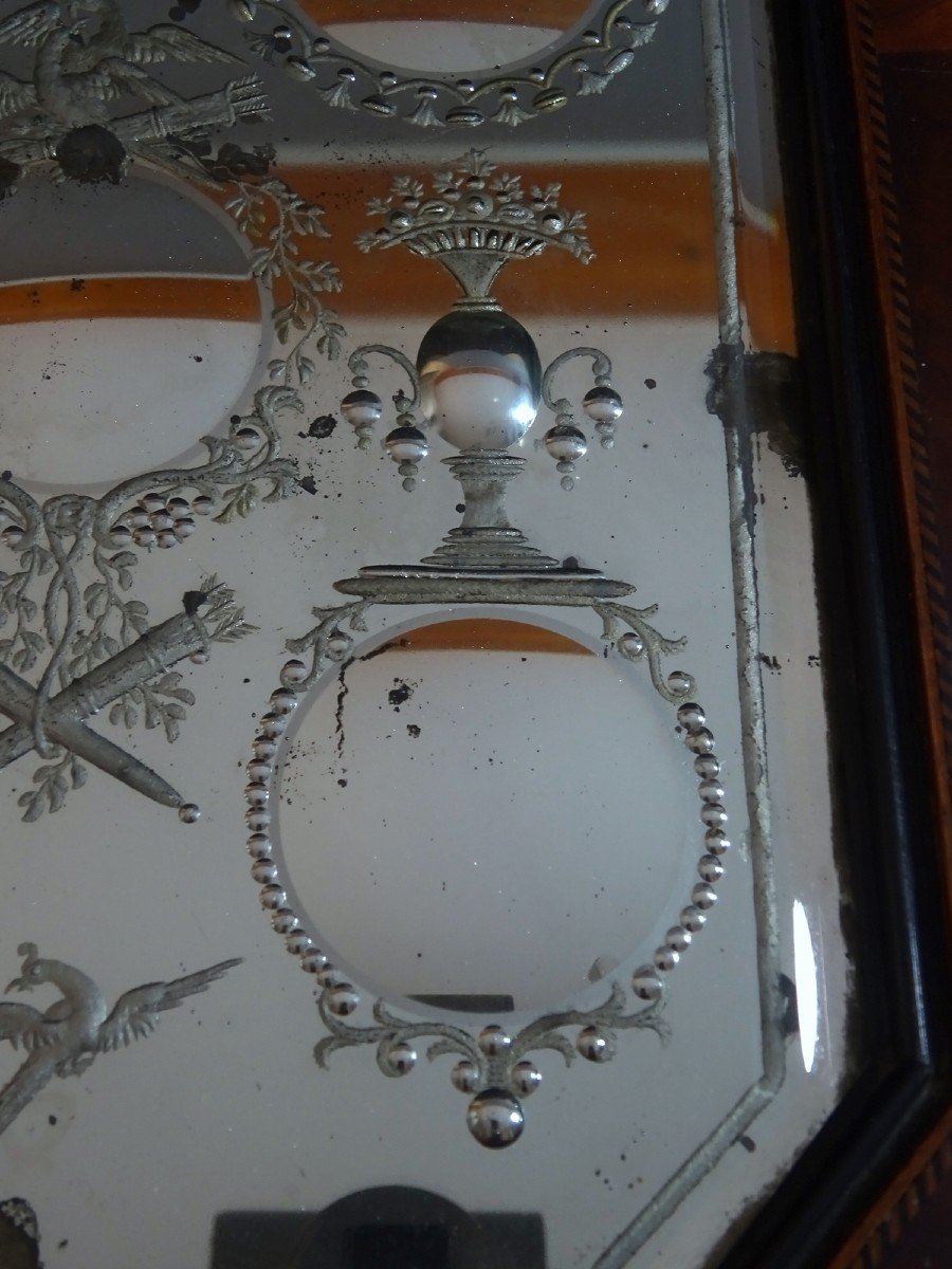 Miroir Sorcière deMariage à Pastilles du  Début du XIXème Siècle Gravé d'Oiseaux, Carquois, etc-photo-2