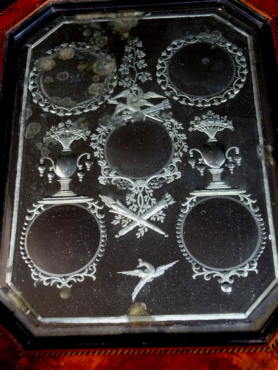 Miroir Sorcière deMariage à Pastilles du  Début du XIXème Siècle Gravé d'Oiseaux, Carquois, etc-photo-3