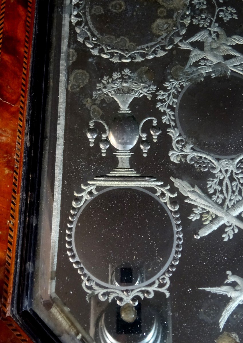 Miroir Sorcière deMariage à Pastilles du  Début du XIXème Siècle Gravé d'Oiseaux, Carquois, etc-photo-6