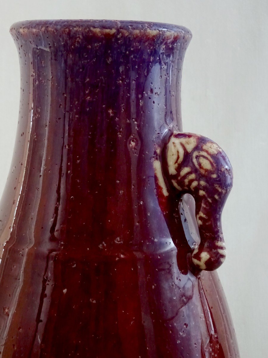 China Qing Dynasty, Qianlong Period,  Red Hu Shaped Vase Decorated Purple Flambé And Elephant Heads-photo-2