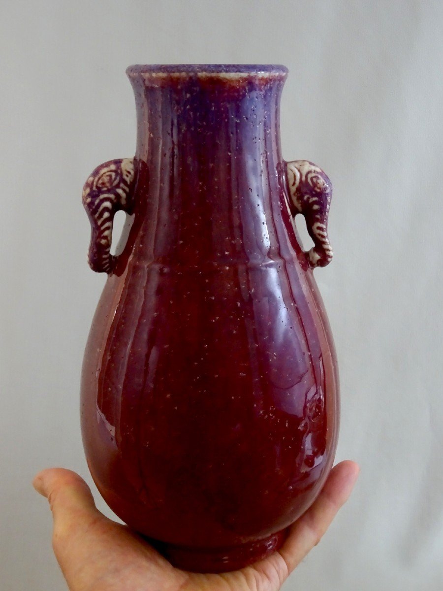 China Qing Dynasty, Qianlong Period,  Red Hu Shaped Vase Decorated Purple Flambé And Elephant Heads-photo-8