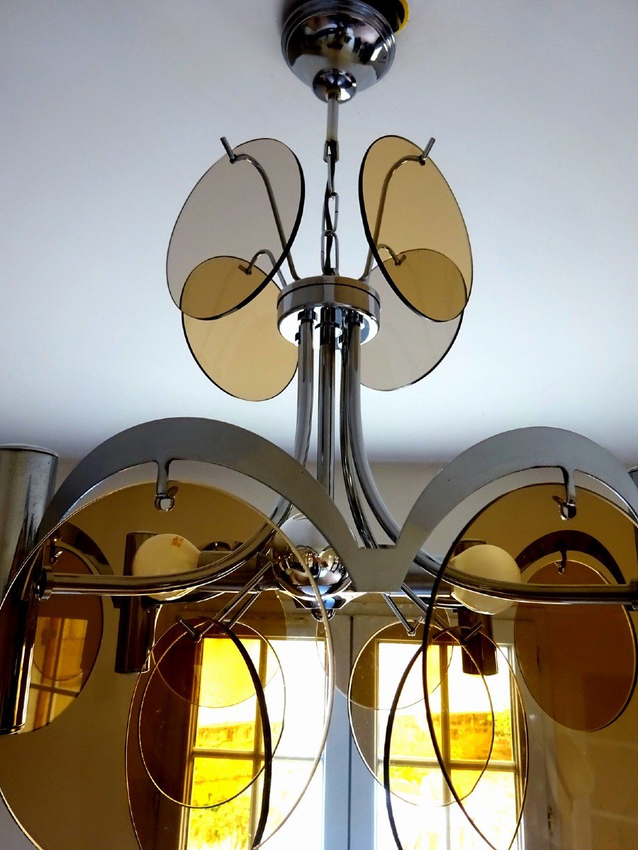 Mid-century, Lighting Vintage Sixties 60s, Chromed Metal Frame And Smoked Glass Discs-photo-2