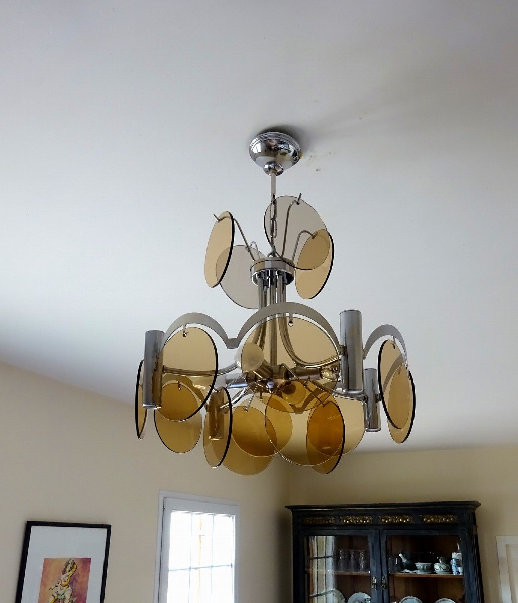 Mid-century, Lighting Vintage Sixties 60s, Chromed Metal Frame And Smoked Glass Discs-photo-3