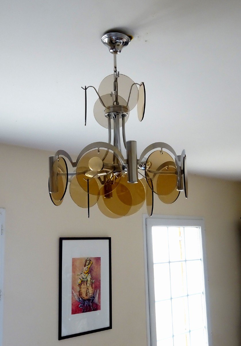 Mid-century, Lighting Vintage Sixties 60s, Chromed Metal Frame And Smoked Glass Discs-photo-4