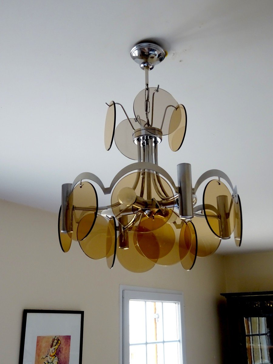 Mid-century, Lighting Vintage Sixties 60s, Chromed Metal Frame And Smoked Glass Discs-photo-1