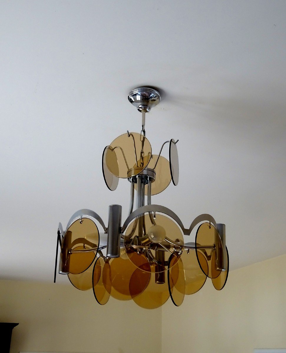 Mid-century, Lighting Vintage Sixties 60s, Chromed Metal Frame And Smoked Glass Discs-photo-2