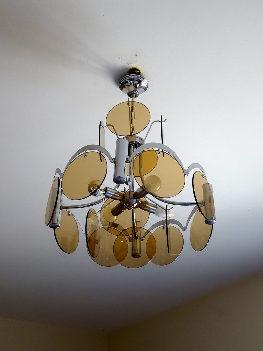 Mid-century, Lighting Vintage Sixties 60s, Chromed Metal Frame And Smoked Glass Discs-photo-5