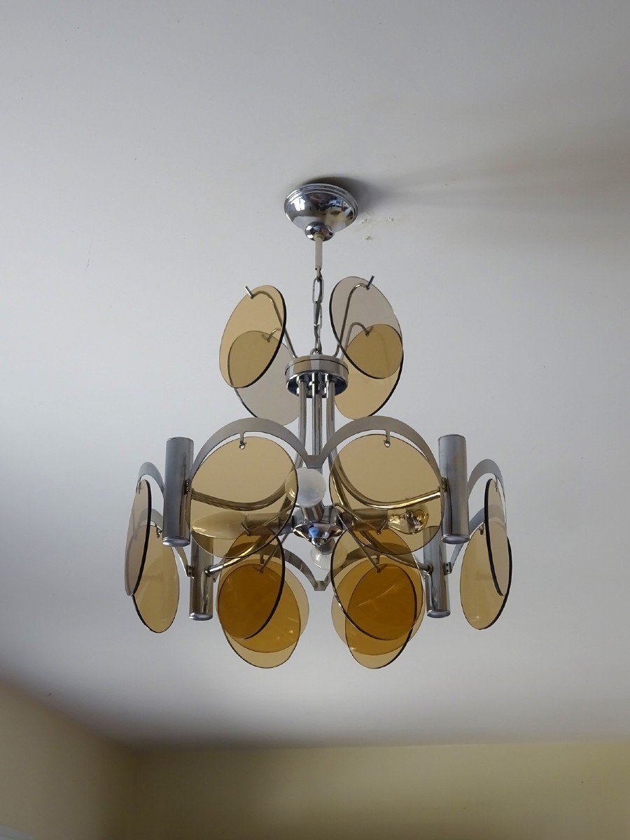 Mid-century, Lighting Vintage Sixties 60s, Chromed Metal Frame And Smoked Glass Discs-photo-6
