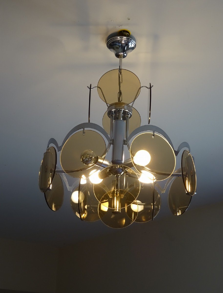 Mid-century, Lighting Vintage Sixties 60s, Chromed Metal Frame And Smoked Glass Discs-photo-7