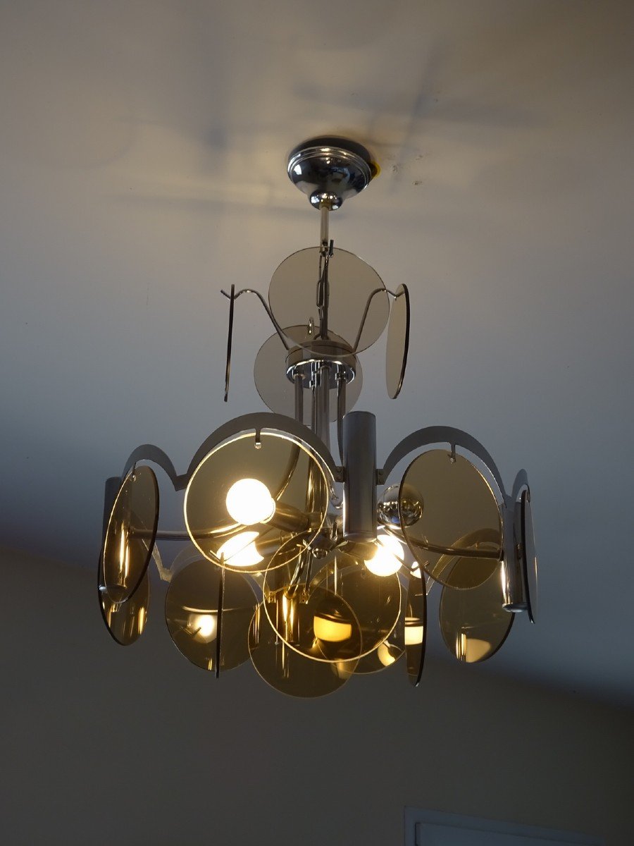Mid-century, Lighting Vintage Sixties 60s, Chromed Metal Frame And Smoked Glass Discs-photo-8